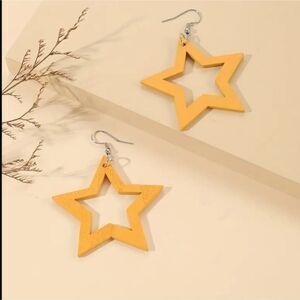 Mustard yellow wood star shape lightweight earrings
